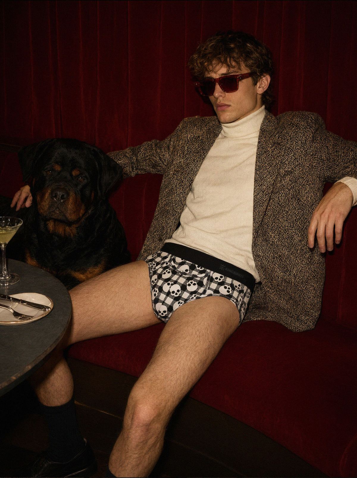 DIK000558 Skull Gingham model wearing a Halloween horizontal-fly brief